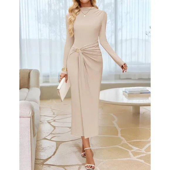 Zesica Women's Apricot Long Sleeve Mock Neck Long Midi Bodycon Cocktail Dress